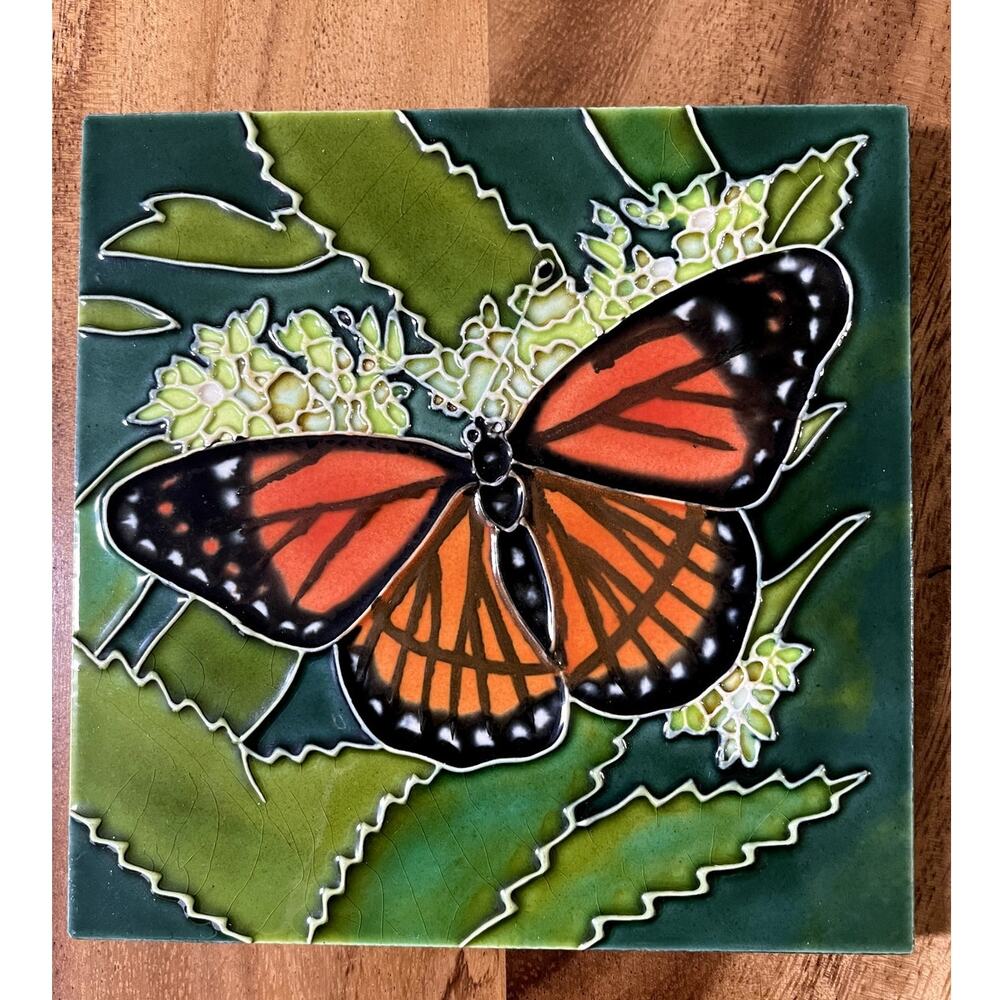 Butterfly Tile Handpainted Ceramic Decor Colorful Collectible Ping 6"x6" Green